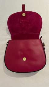 Runde Schultertasche aus Leder und Wildleder in Pink