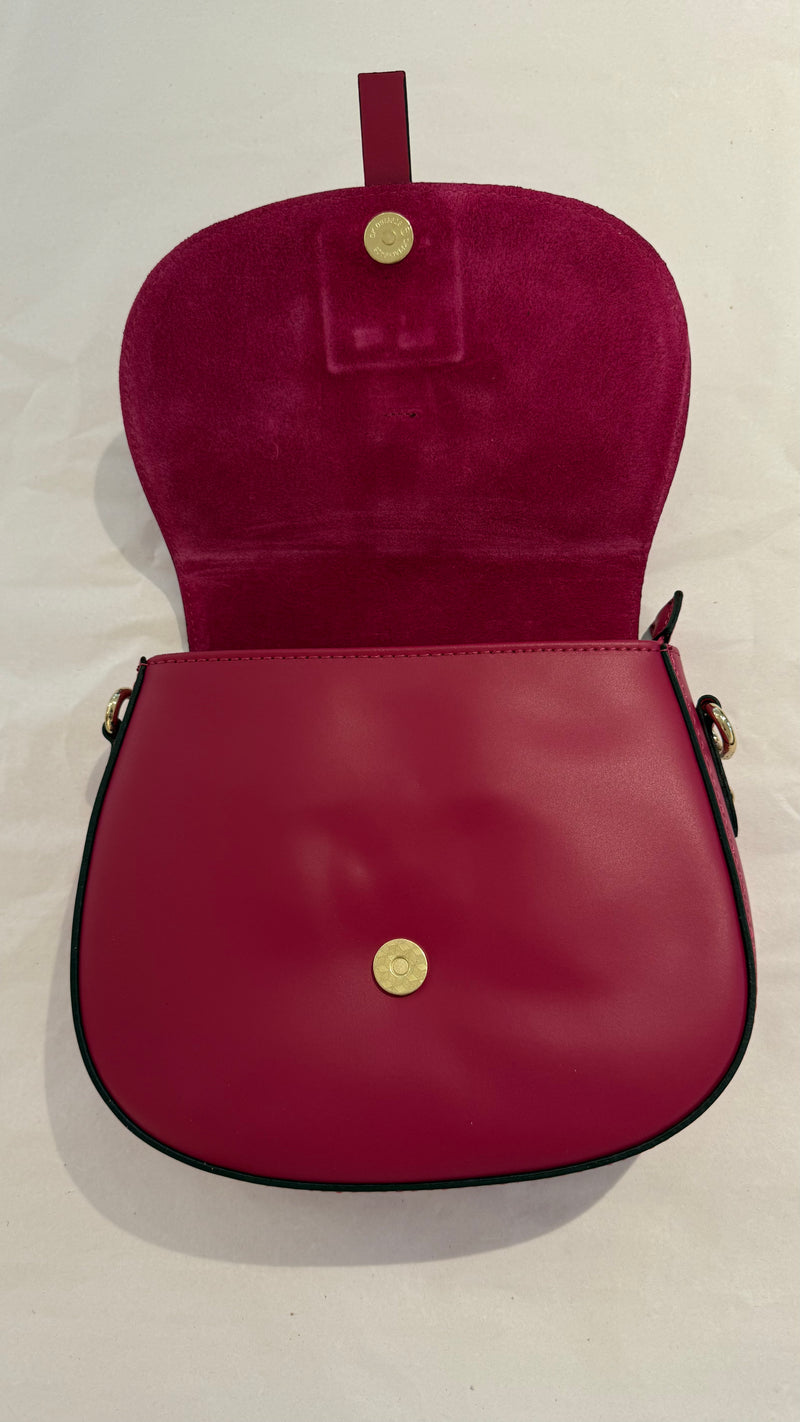 Runde Schultertasche aus Leder und Wildleder in Pink