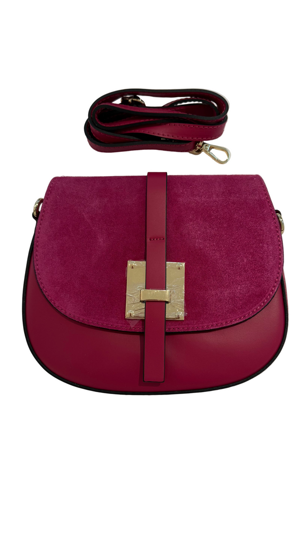 Runde Schultertasche aus Leder und Wildleder in Pink