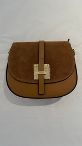 Runde Schultertasche aus Leder und Wildleder in Braun