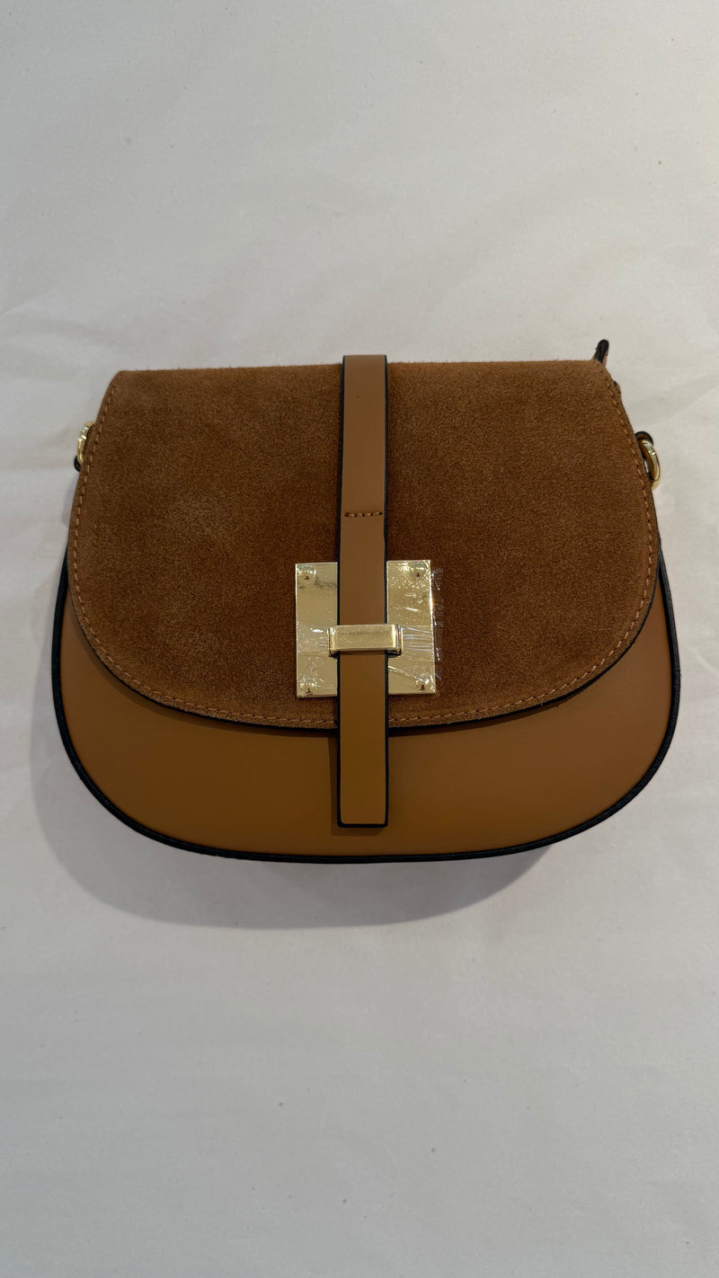 Runde Schultertasche aus Leder und Wildleder in Braun