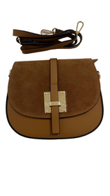 Runde Schultertasche aus Leder und Wildleder in Braun