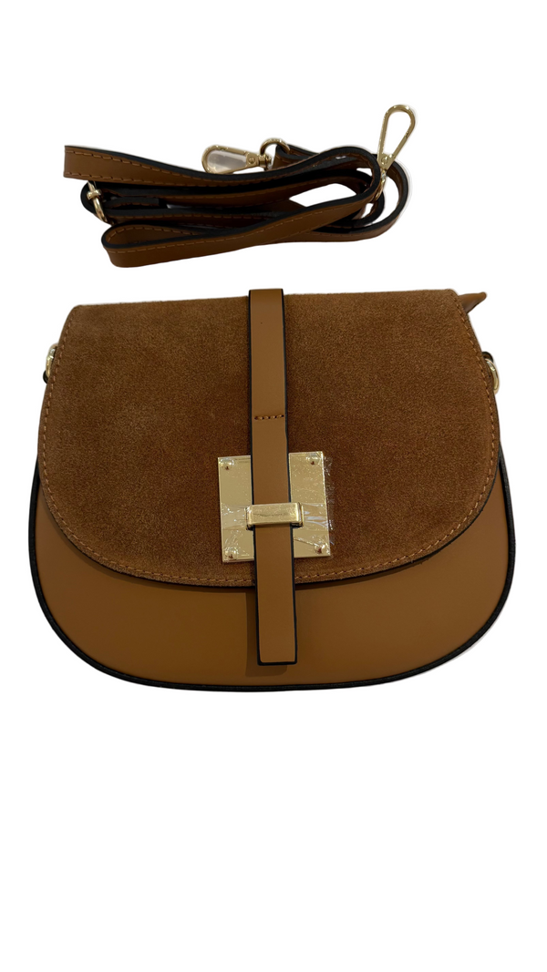 Runde Schultertasche aus Leder und Wildleder in Braun