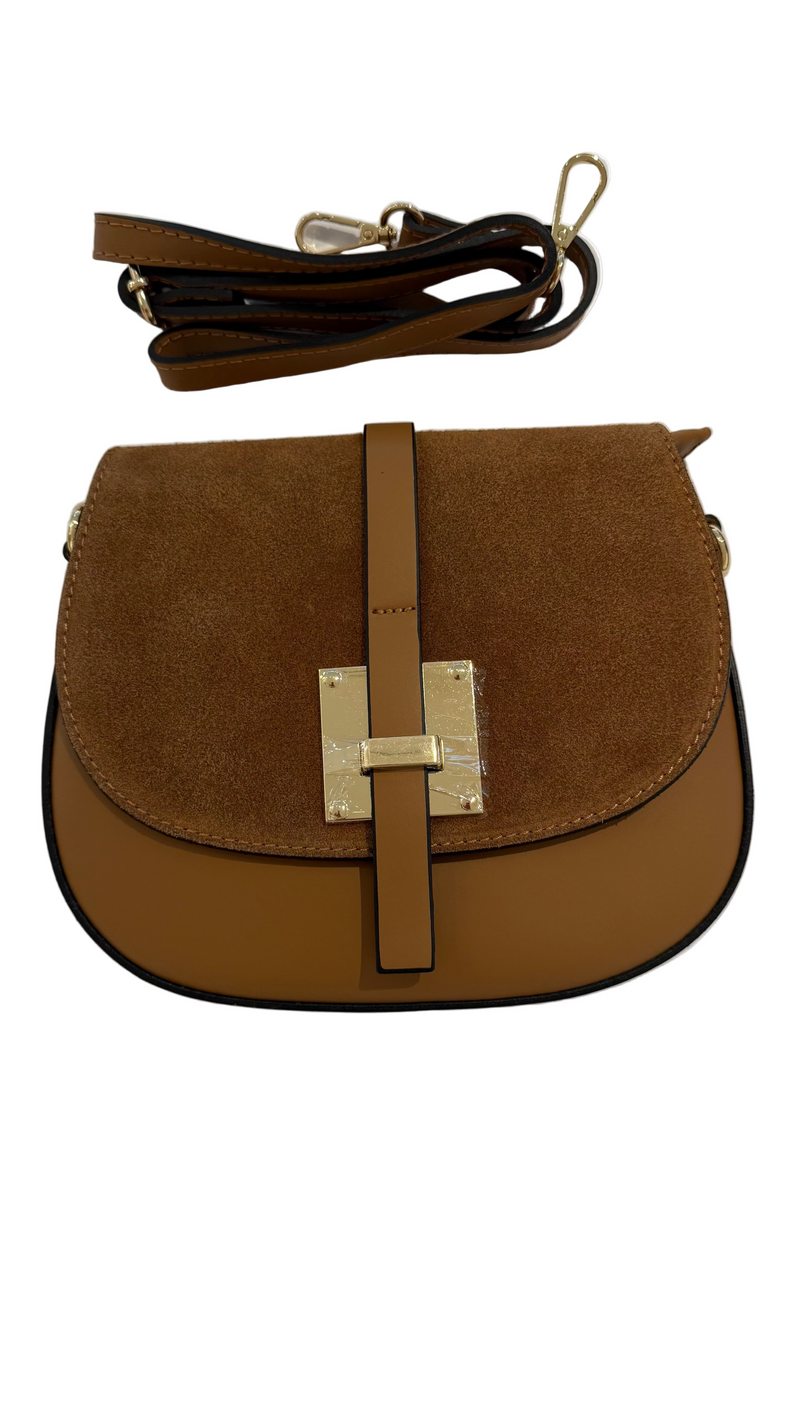Runde Schultertasche aus Leder und Wildleder in Braun
